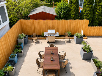 Sunny suburban backyard patio with wooden outdoor dining table and wicker chairs, stainless-steel gas grill by a tall wooden privacy fence, gray planters with green plants, and a red garden shed