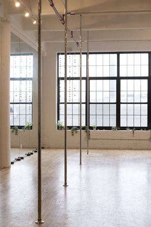 Bright industrial loft pole-fitness studio with polished wood floors, chrome poles, a mirrored wall, large grid windows and potted plants on the windowsill.