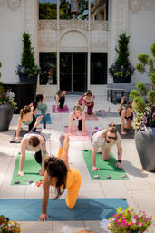 Sunlit outdoor yoga class on colorful mats in an urban courtyard, participants in balancing poses near an ornate building facade and large potted plants