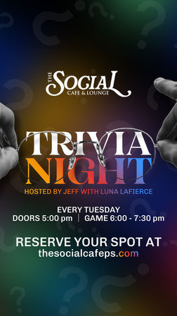 Colorful cafe and lounge trivia night poster with hands holding eyeglasses, bold 'TRIVIA NIGHT' headline, every Tuesday — doors 5:00 pm, game 6:00–7:30 pm, reserve your spot online.