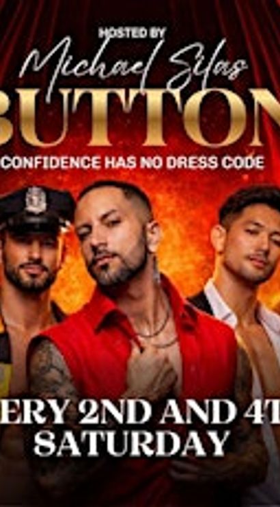 Promotional nightlife poster with five men in stylish attire posed before red velvet curtains for UNBUTTONED party — tagline “confidence has no dress code” and text noting every 2nd and 4th Saturday in Palm Springs.