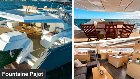 Luxury catamaran: sunlit teak aft deck with folding wooden dining chairs and table overlooking open ocean, shaded cockpit area, and bright salon with lounge and island galley.
