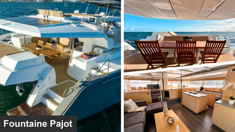 Luxury catamaran: sunlit teak aft deck with folding wooden dining chairs and table overlooking open ocean, shaded cockpit area, and bright salon with lounge and island galley.
