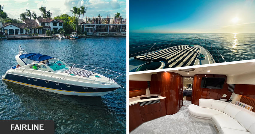 Collage of a luxury motor yacht: exterior cruising near a palm-lined tropical waterfront, bow view over calm sea at sunrise with striped deck cushion, and glossy wood interior salon with white curved sofa and kitchenette.