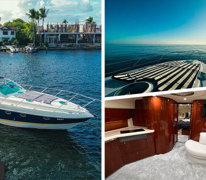 Collage of a luxury motor yacht: exterior cruising near a palm-lined tropical waterfront, bow view over calm sea at sunrise with striped deck cushion, and glossy wood interior salon with white curved sofa and kitchenette.