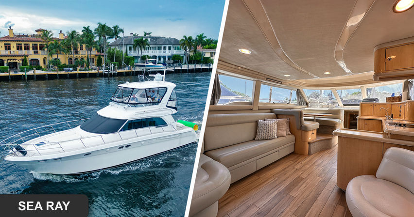 Split image of a white luxury motor yacht cruising a palm-fringed waterfront canal with mansions, paired with a sunlit beige wood yacht salon interior and plush seating.