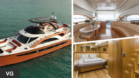 Sleek orange-hulled luxury motor yacht on teal coastal waters; collage shows sun deck with loungers, bright teak salon with curved dining seating and panoramic windows, and a cozy stateroom with queen bed.