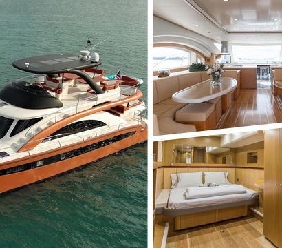 Sleek orange-hulled luxury motor yacht on teal coastal waters; collage shows sun deck with loungers, bright teak salon with curved dining seating and panoramic windows, and a cozy stateroom with queen bed.