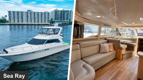 Split image of a white motor yacht on an urban waterfront marina and its sunlit luxury salon with beige leather seating, wooden floors, and panoramic windows.