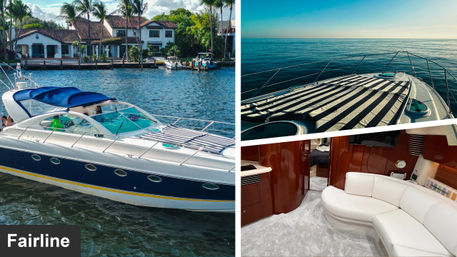 Luxury motor yacht with navy hull docked at a palm‑lined waterfront; bow sunpad on calm open sea; elegant cabin salon with curved white leather sofa and glossy wood trim.