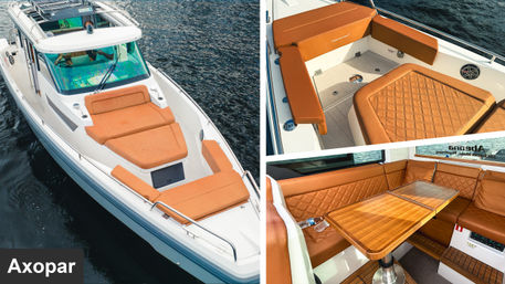 Aerial collage of a white dayboat on calm water featuring tan quilted sunpads and bow loungers, L-shaped cockpit seating with diamond-stitched marine upholstery and a foldable teak table.