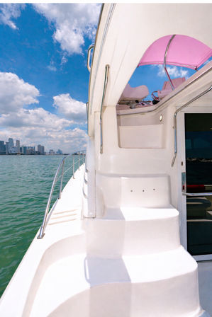 Sunny white yacht deck with pink bimini, stainless rails and steps, turquoise bay water and distant coastal skyline under a blue sky with fluffy clouds.