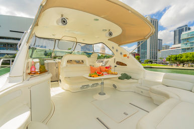Luxury white yacht cockpit set for a sunny cruise with cushioned seating, table of tropical fruit and cocktails, canvas shade overhead and an urban waterfront skyline in the background