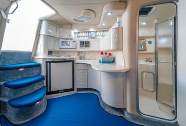 Bright modern yacht interior: compact galley with curved white cabinets, microwave, sink, mini-fridge, blue carpeted steps, and an adjacent shower cabin.