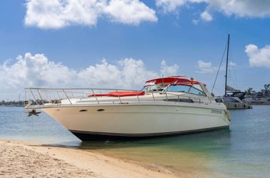 White luxury motor yacht with a red canopy anchored near a sandy beach in turquoise water on a sunny blue-sky day, marina in the background.