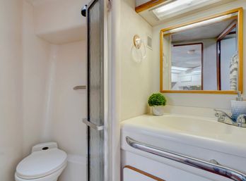 Cozy compact RV/boat-style bathroom with glass shower door, white toilet, small vanity, mirror, chrome faucet and potted plant.