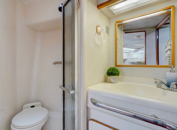 Cozy compact RV/boat-style bathroom with glass shower door, white toilet, small vanity, mirror, chrome faucet and potted plant.