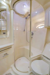 Compact cream-colored marine bathroom on a yacht with curved glass shower enclosure, chrome handheld showerhead, small porthole window and molded toilet.