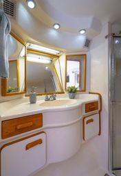 Compact yacht bathroom vanity with curved white sink, wood-trimmed cabinets and drawers, mirrored medicine cabinets, recessed LED lights, small potted plant on the counter, and a glass shower door — modern boat interior.