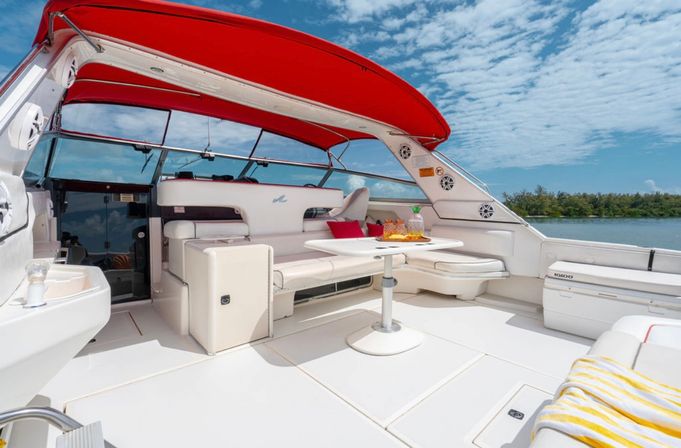 Luxury yacht deck with white seating and table under a red bimini, fruit and drinks on the table, sunny blue sky and tropical coastal shoreline in the background
