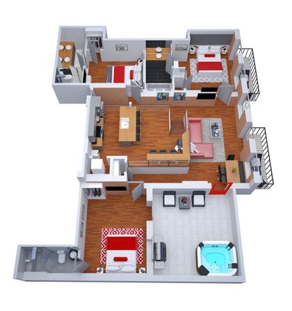 3D overhead apartment floor plan of a modern urban loft-style 3-bedroom, 2-bath unit with open-concept kitchen island, living area, exposed brick accents, balconies and a terrace with hot tub — stylish hardwood floors and contemporary furnishings.