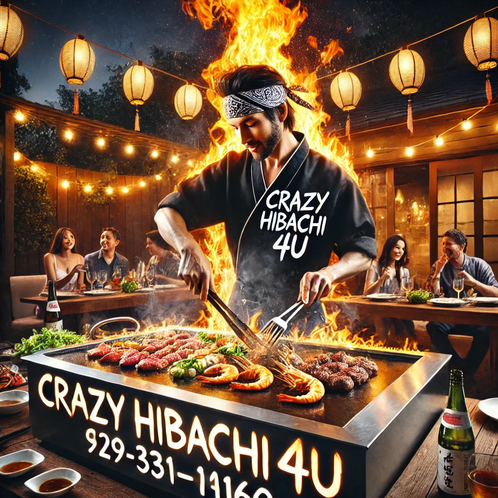 Hibachi chef cooking shrimp and steak on a flaming teppanyaki grill at an outdoor lantern-lit patio dinner party