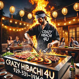 Hibachi chef cooking shrimp and steak on a flaming teppanyaki grill at an outdoor lantern-lit patio dinner party