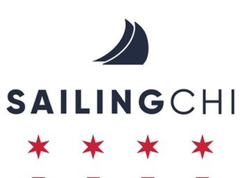 Minimal navy sail icon above a bold navy wordmark with a row of red six-pointed stars inspired by the Chicago flag