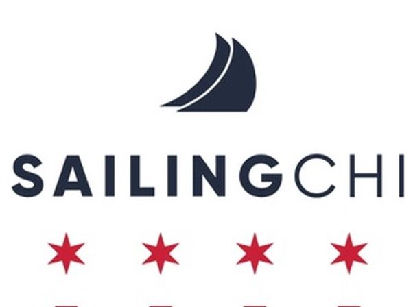 Minimal navy sail icon above a bold navy wordmark with a row of red six-pointed stars inspired by the Chicago flag