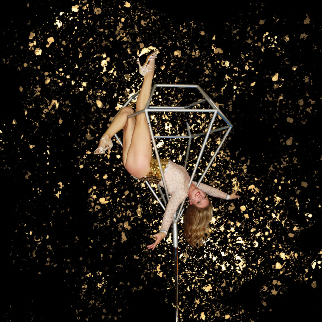 Glam aerial performer in a sequined bodysuit and heels hangs upside down from a metallic geometric aerial cube on a pole against a black backdrop splashed with gold confetti.