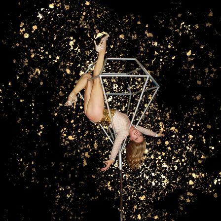 Glam aerial performer in a sequined bodysuit and heels hangs upside down from a metallic geometric aerial cube on a pole against a black backdrop splashed with gold confetti.