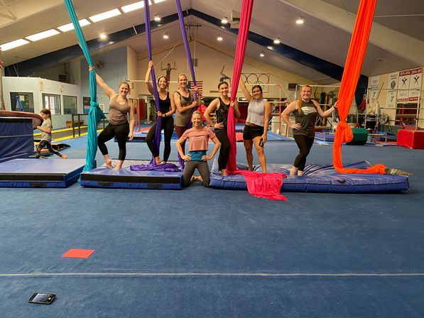 Smiling group of women in an indoor gymnastics facility posing on mats with colorful aerial silks (teal, purple, pink, orange) during an aerial silks class, with rings and gym equipment in the background.