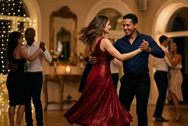 Couple dancing in an elegant ballroom—woman in a flowing red dress twirls with her smiling partner under string lights and ornate mirrors.