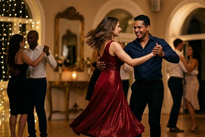 Couple dancing in an elegant ballroom—woman in a flowing red dress twirls with her smiling partner under string lights and ornate mirrors.