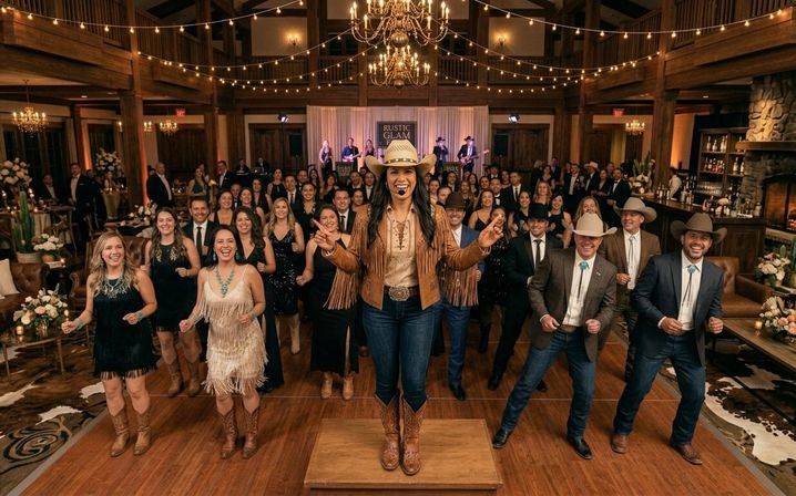 Country wedding reception in a rustic barn venue under string lights and chandeliers, a smiling line-dance leader in a cowboy hat, fringed jacket and boots on a small platform leads a large crowd of guests in western attire and evening dresses on the wooden dance floor
