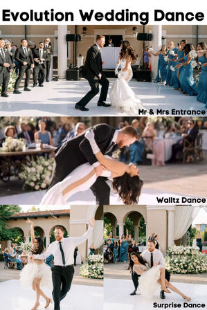 Collage of an outdoor courtyard wedding reception: bride and groom performing a lively first dance, dramatic dip, and surprise routine on a white dance floor, surrounded by bridesmaids in blue, groomsmen, cheering guests, and floral decor.