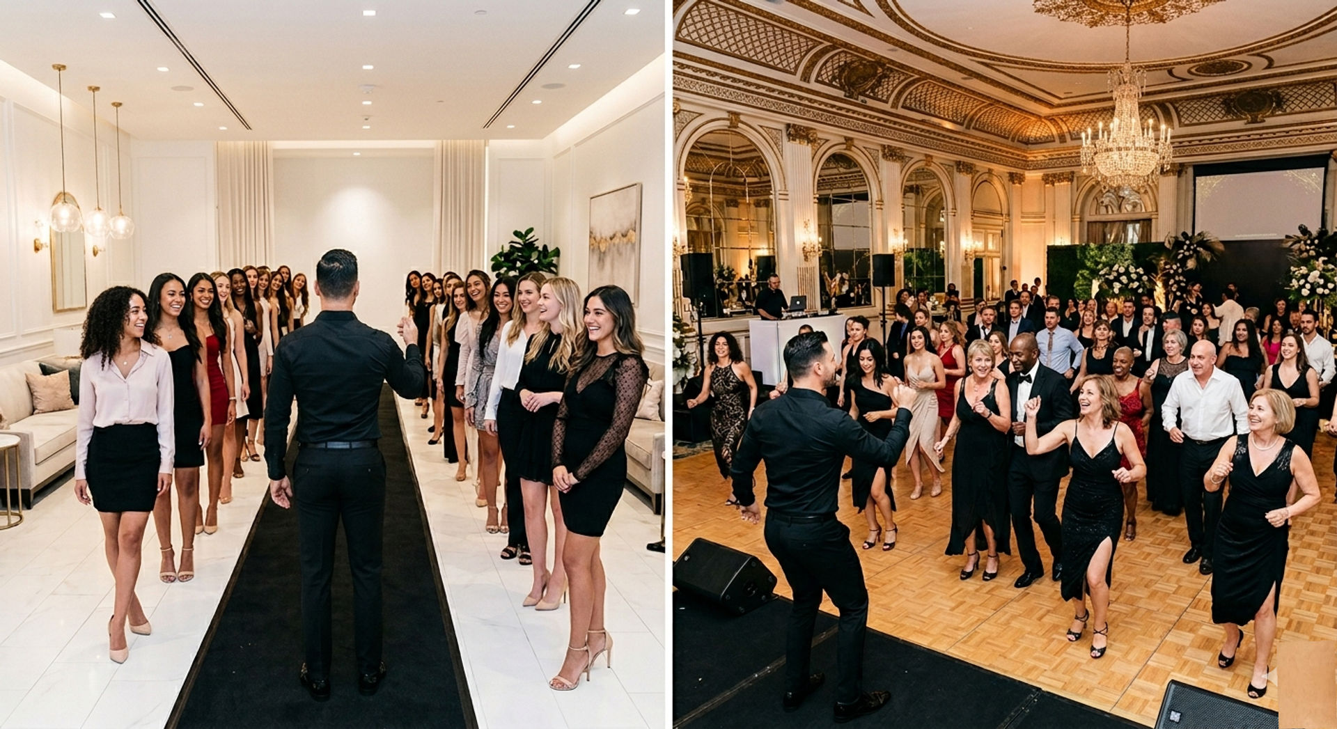Split image: left shows a runway rehearsal in a bright modern lounge with rows of women in cocktail dresses and a man directing them; right shows a lively hotel ballroom dance party led by the same host under ornate chandeliers.