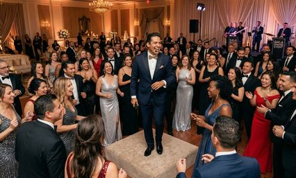 Smiling emcee in a navy tux standing on a platform surrounded by cheering guests in gowns and tuxedos at a black‑tie ballroom gala with a live band and chandeliers