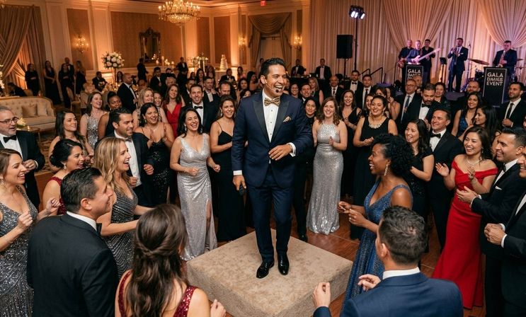 Smiling emcee in a navy tux standing on a platform surrounded by cheering guests in gowns and tuxedos at a black‑tie ballroom gala with a live band and chandeliers