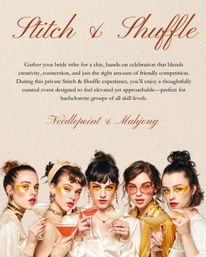 Promotional poster for a bachelorette craft and mahjong event: five stylish women with gold eye makeup and silk outfits holding cocktails against a speckled beige background with elegant script text.