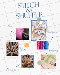 Stylized "Stitch & Shuffle" poster showing mahjong tiles, colorful yarn, clinking wine glasses, bachelorette balloons and group wrist corsages — promoting a fun needlepoint and mahjong craft-and-game night.