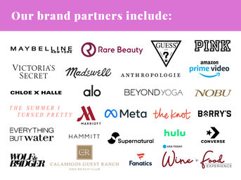 Collage of partner brand logos arranged in rows beneath a pink header reading 'Our brand partners include', showcasing beauty, fashion, streaming, hospitality and lifestyle brands on a white background.