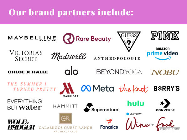 Collage of partner brand logos beneath a pink header reading ‘Our brand partners include’, showcasing diverse fashion, beauty, streaming, hospitality and lifestyle companies in a clean white grid layout.