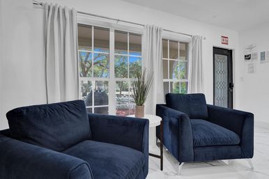 Cozy modern waiting area with two navy velvet armchairs, a small marble-top side table holding a potted reed plant, a large grid window showing leafy trees outside, and an exit door to the side.
