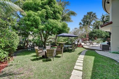 Sunny tropical backyard patio with stepping-stone path, wicker dining set under a shady tree and umbrella, hammock and poolside loungers framed by palm trees.