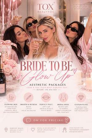 Bridal party toasting with champagne—bride in veil centered among friends in pink robes, surrounded by roses and balloons, promotional overlay for bridal aesthetic packages with Newport Beach, Orange County, Beverly Hills locations.