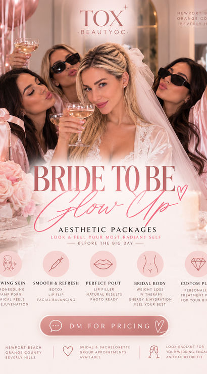Bridal party toasting with champagne—bride in veil centered among friends in pink robes, surrounded by roses and balloons, promotional overlay for bridal aesthetic packages with Newport Beach, Orange County, Beverly Hills locations.