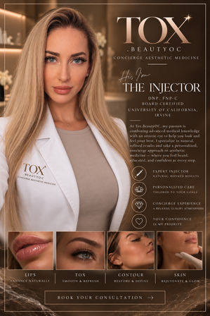Confident blonde clinician in a white coat on an elegant aesthetic clinic poster promoting cosmetic injector services — lip enhancement, Botox/tox, facial contouring, and skin rejuvenation with personalized, luxury care.