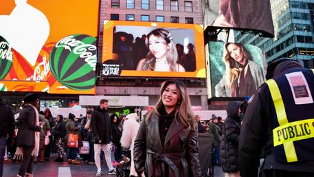 Smiling woman in a leather coat poses in bustling Times Square, NYC, with oversized colorful digital billboards, crowds of pedestrians, and a public safety worker in view.