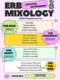 Pastel cocktail-experience flyer advertising three private packages: The Dive $600 (8 guests, 1 liquor option, 2 drinks, 1 hour), The Speakeasy $1000 (up to 12 guests, 2 liquor options, 3 drinks, 1.5 hours), The Craft $1600 (up to 15 guests, 2 liquor options, 4 drinks, 1.5 hours); extra guest and add‑on pricing and contact info shown.